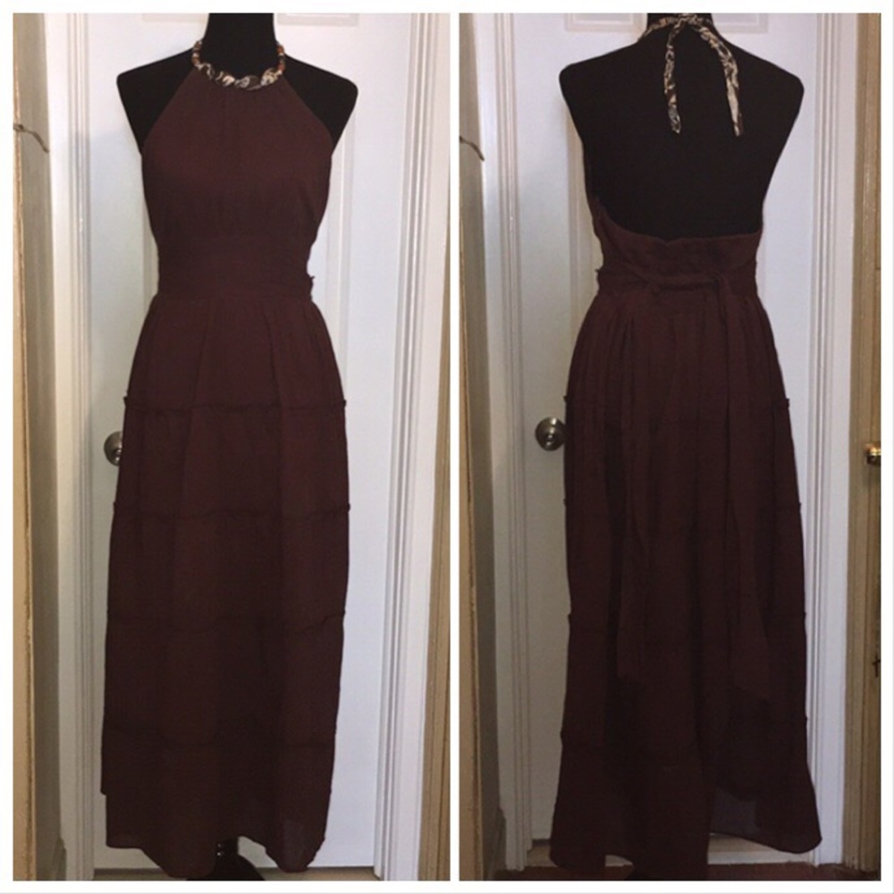 🍂🍁 Fall Robbie Bee Brown Halter Tiered Maxi Dress Sz 12